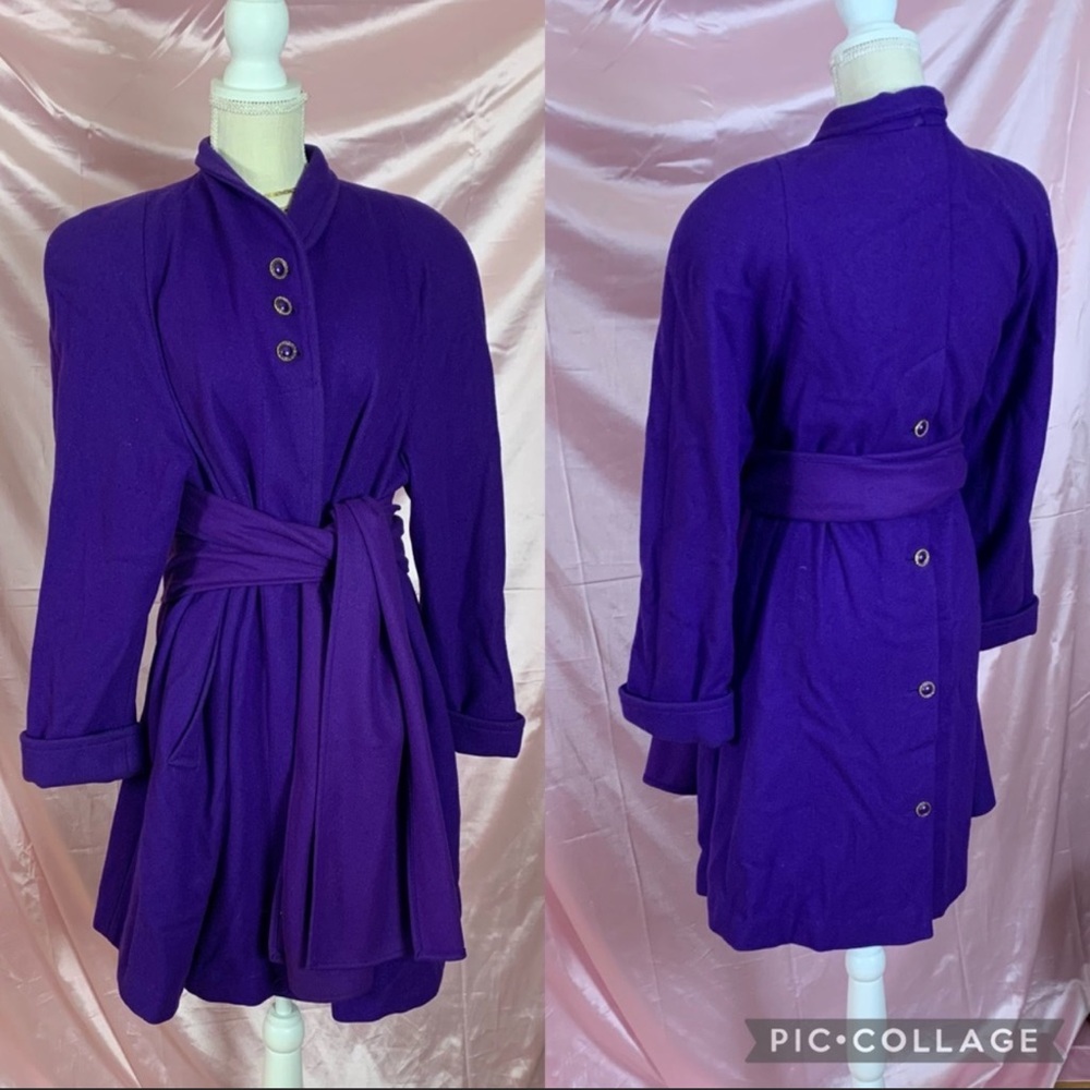 VINTAGE Wool Pea Coat Trench Royal Purple Gold Buttons Academia Size 6